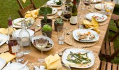 Food at outdoor dinner party in countryside