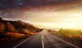 road by the sea in sunrise time,  Lofoten island, Norway